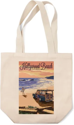 Lantern Press Hollywood Beach, California, Woody and Surfer on Beach (100% Cotton Canvas Reusable Tote Bag)