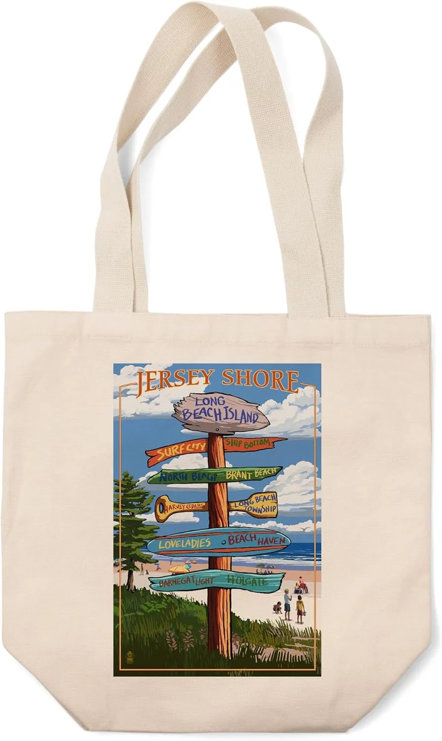 Lantern Press Long Beach Island, New Jersey, Destinations Sign (100% Cotton Canvas Reusable Tote Bag)