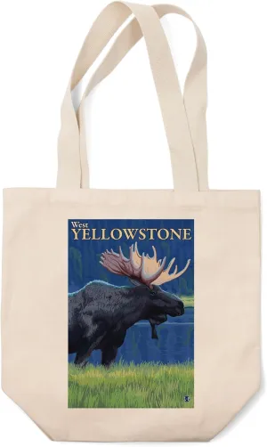 Lantern Press Moose at Night, West Yellowstone, Montana (100% Cotton Canvas Reusable Tote Bag)