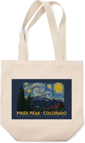 Lantern Press Pikes Peak, Colorado, Elevation, Starry Night (100% Cotton Canvas Reusable Tote Bag)