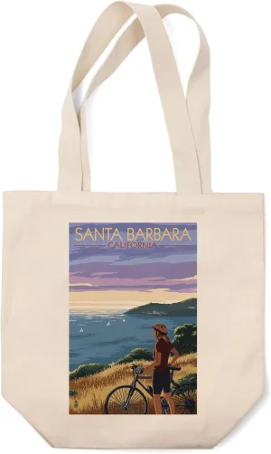 Lantern Press Santa Barbara, California, Woman with Bicycle on Ocean Hillside Scene (100% Cotton Canvas Reusable Tote Bag)