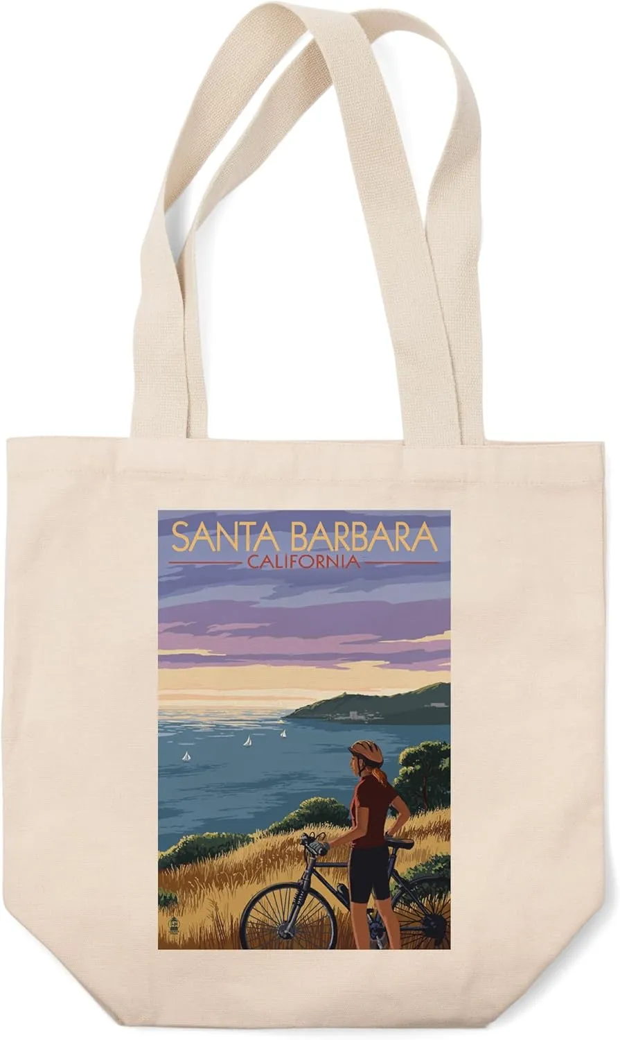 Lantern Press Santa Barbara, California, Woman with Bicycle on Ocean Hillside Scene (100% Cotton Canvas Reusable Tote Bag)
