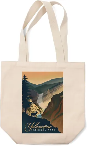 Lantern Press Yellowstone National Park, Wyoming, Yellowstone Falls, Lithograph (100% Cotton Canvas Reusable Tote Bag)