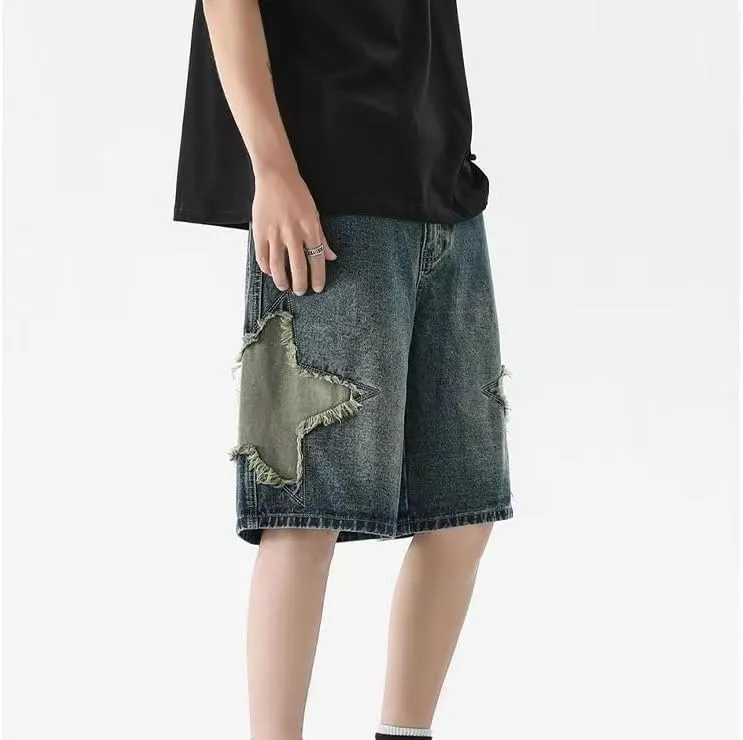 LAPRBY Y2K Blue Denim Shorts Summer Casual Loose Straight Leg Unisex Baggy Jeans Shorts Jorts Grunge Harajuku Streetwear