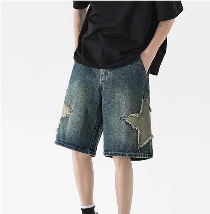 LAPRBY Y2K Blue Denim Shorts Summer Casual Loose Straight Leg Unisex Baggy Jeans Shorts Jorts Grunge Harajuku Streetwear