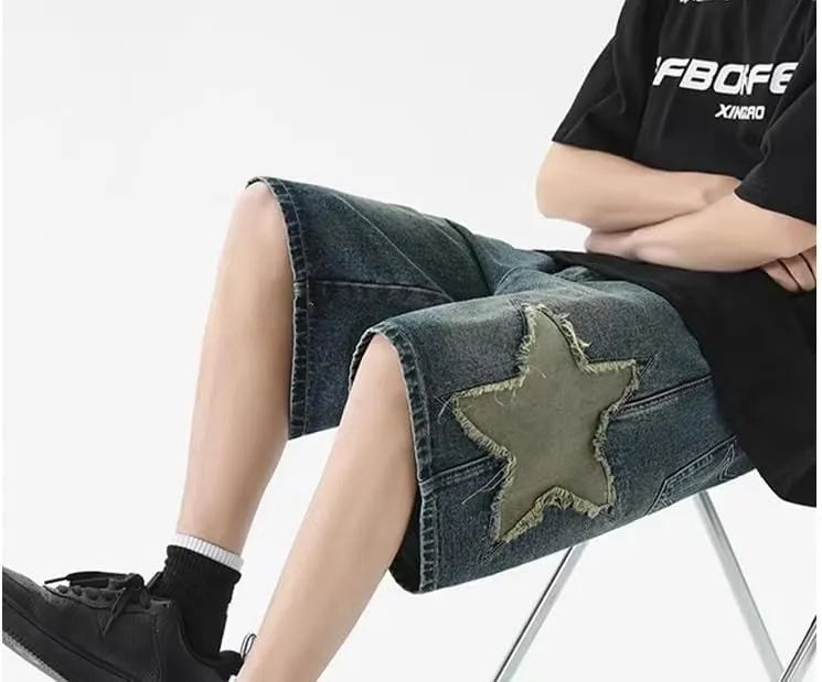 LAPRBY Y2K Blue Denim Shorts Summer Casual Loose Straight Leg Unisex Baggy Jeans Shorts Jorts Grunge Harajuku Streetwear