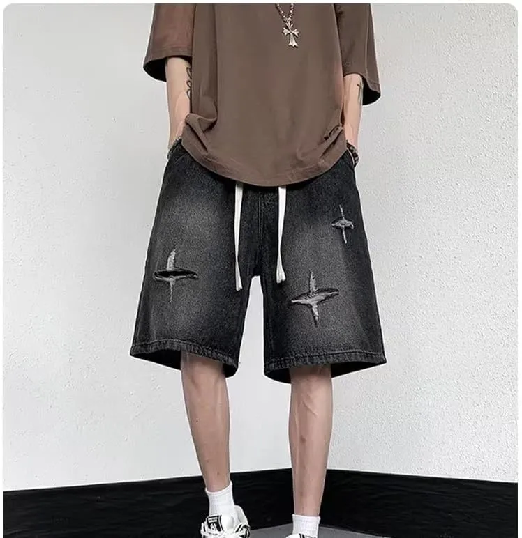LAPRBY Y2K Blue Denim Shorts Summer Casual Loose Straight Leg Unisex Baggy Jeans Shorts Jorts Grunge Harajuku Streetwear