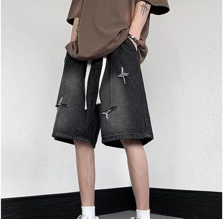 LAPRBY Y2K Blue Denim Shorts Summer Casual Loose Straight Leg Unisex Baggy Jeans Shorts Jorts Grunge Harajuku Streetwear