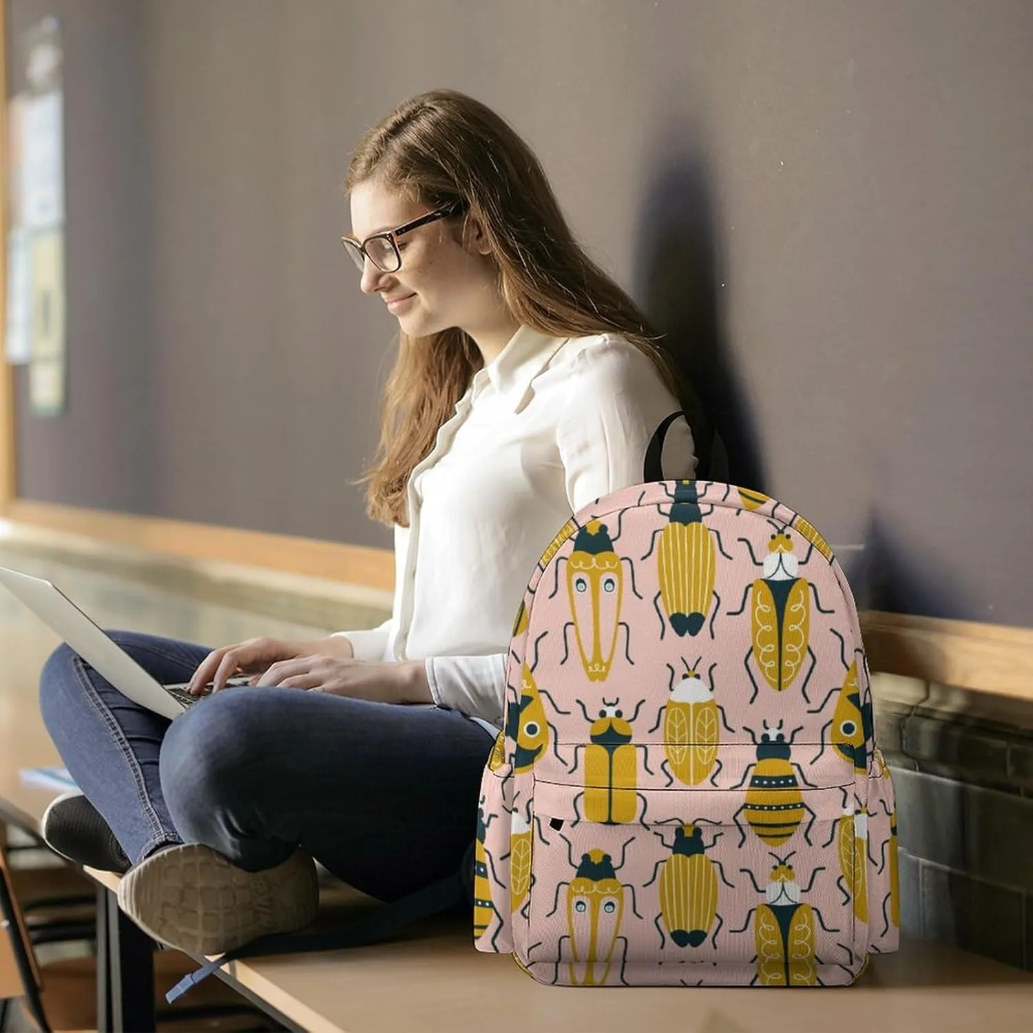 Laptop Backpack for Men Women Cute Beetle Travel Work Backpack with Compartment Large Capacity Spring Daypack Business Work Bag
