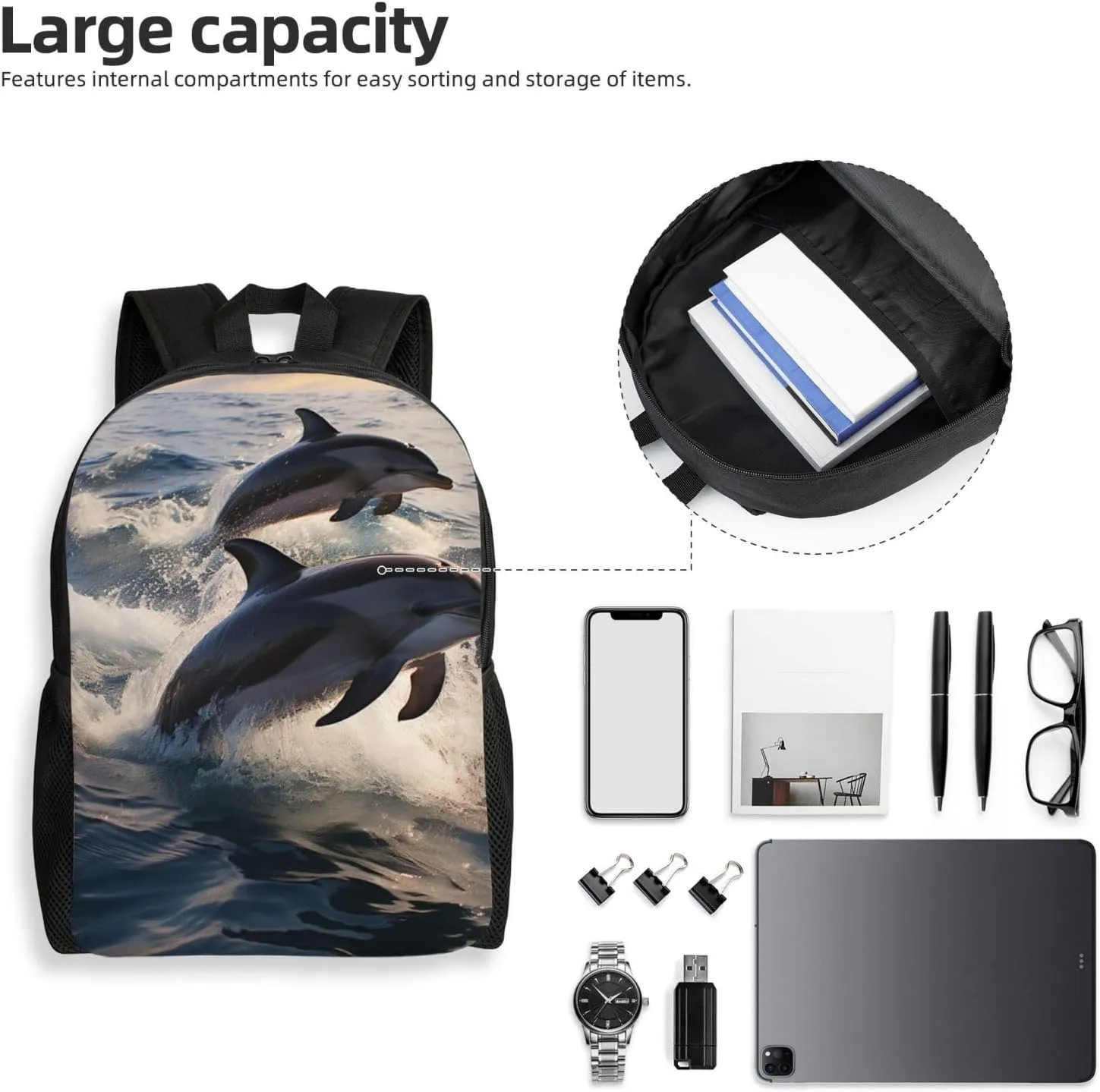 Laptop Backpack for Women Men Carry-on Backpack Dolphins in the sea Daypack Lightweight Travel Shoulder Bags
