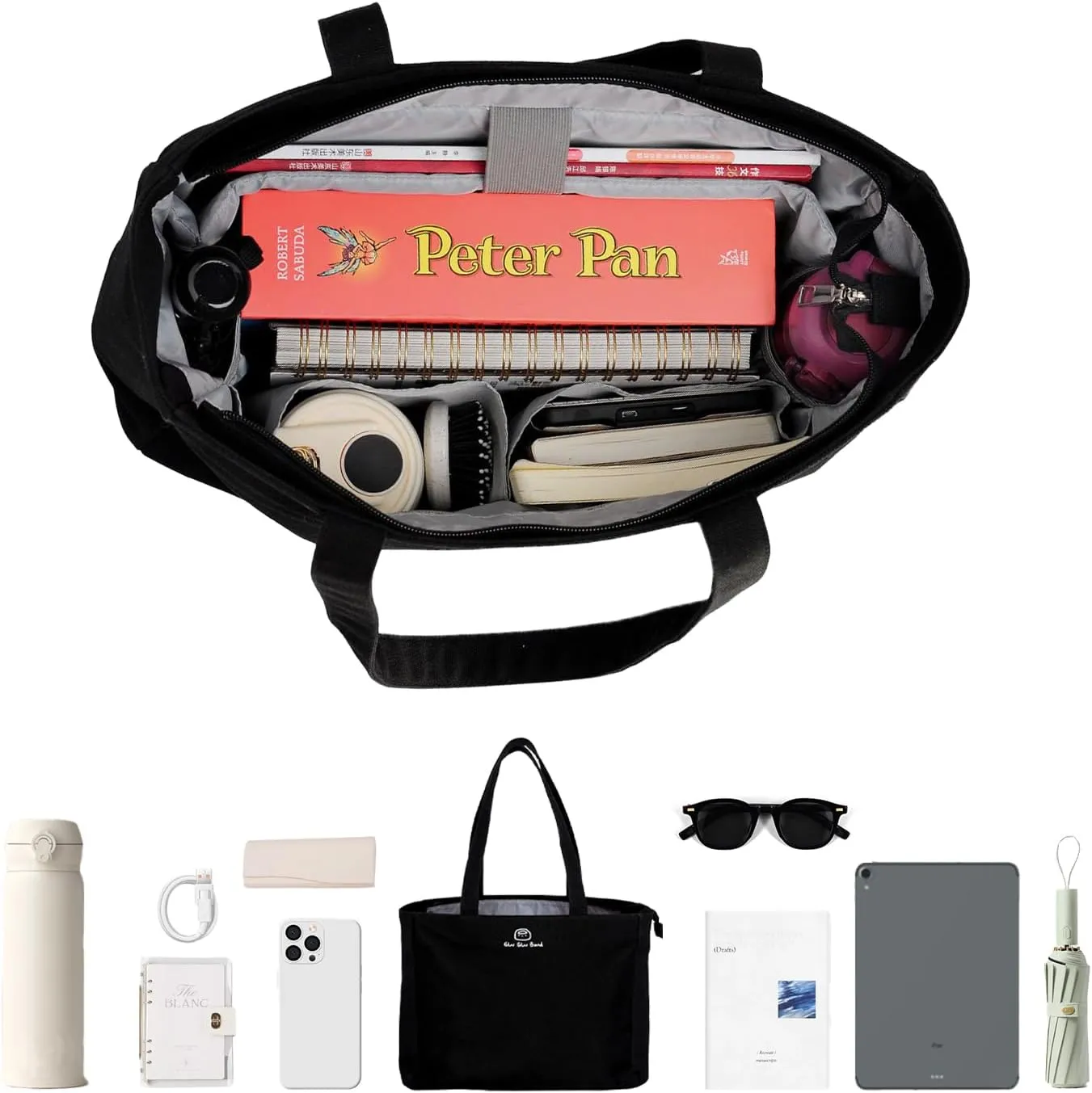 Large Capacity Canvas Laptop Tote Bag with Zipper, Multi-compartments School Work Tote Bag for Women 16in