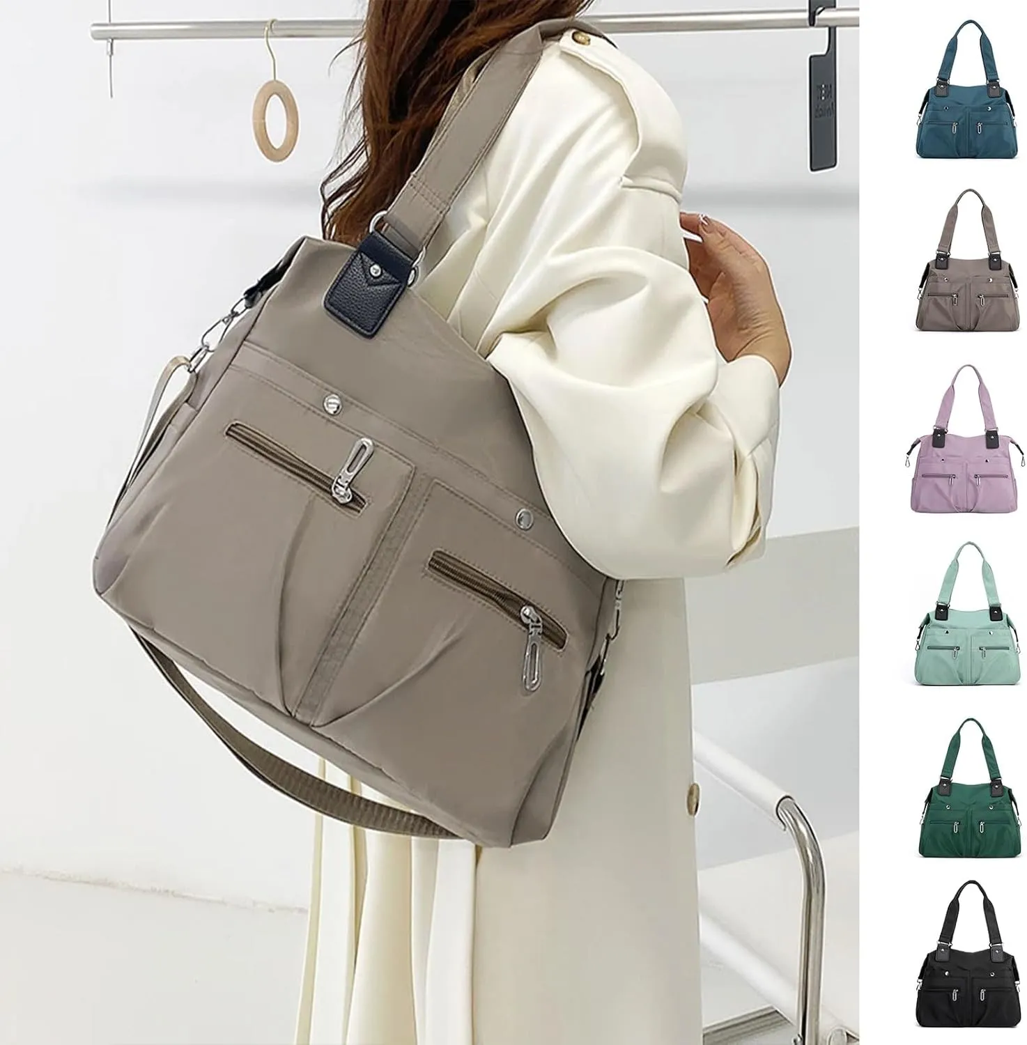 Large Capacity Waterproof Multi Pocket Shoulder Bag, Nylon Tote Bag (Light Brown) for Women, Female Travelers, Active Women, Frequent Flyers, 14.1*5.1*11.8in