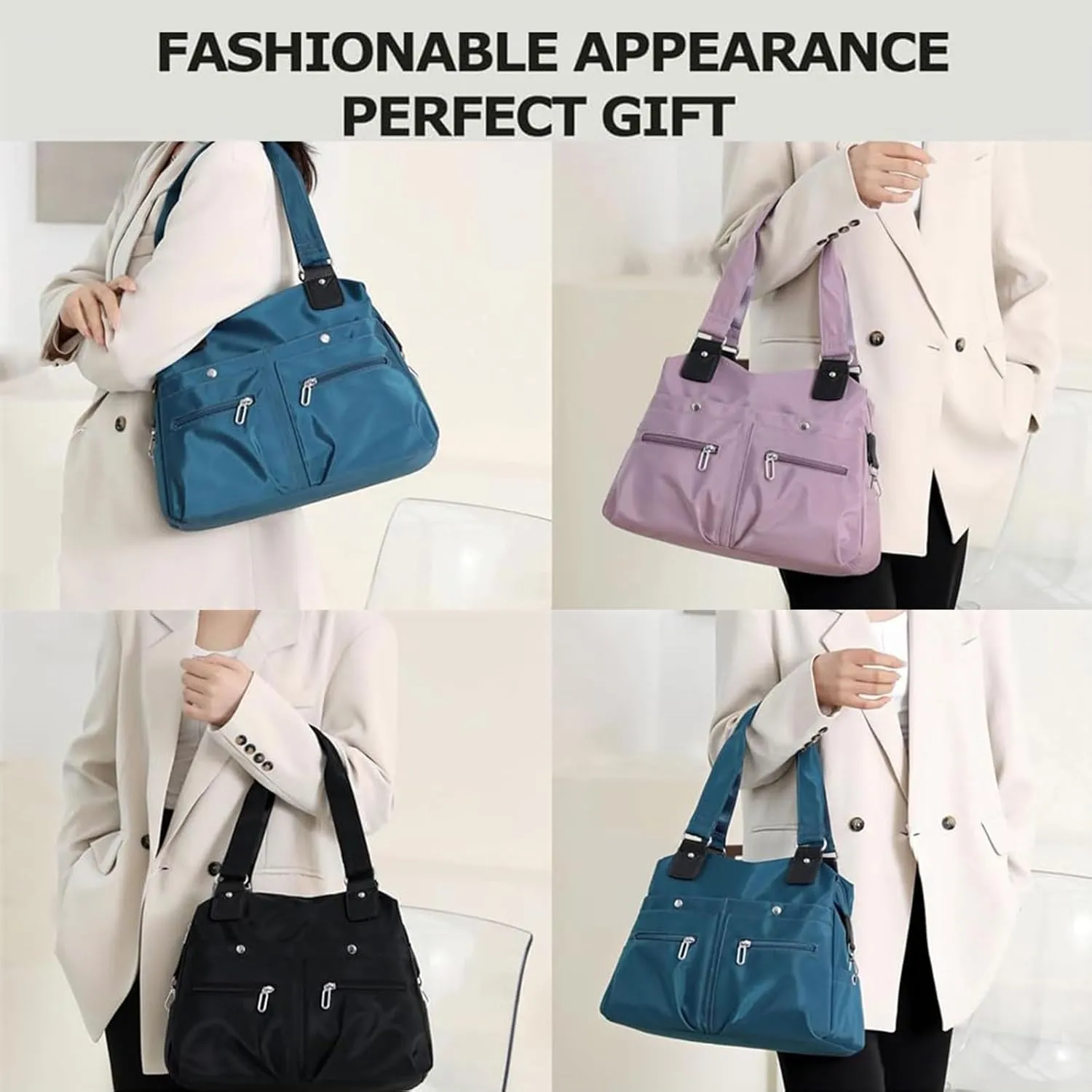 Large Capacity Waterproof Multi Pocket Shoulder Bag, Nylon Tote Bag (Light Brown) for Women, Female Travelers, Active Women, Frequent Flyers, 14.1*5.1*11.8in