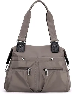 Large Capacity Waterproof Multi Pocket Shoulder Bag, Nylon Tote Bag (Light Brown) for Women, Female Travelers, Active Women, Frequent Flyers, 14.1*5.1*11.8in