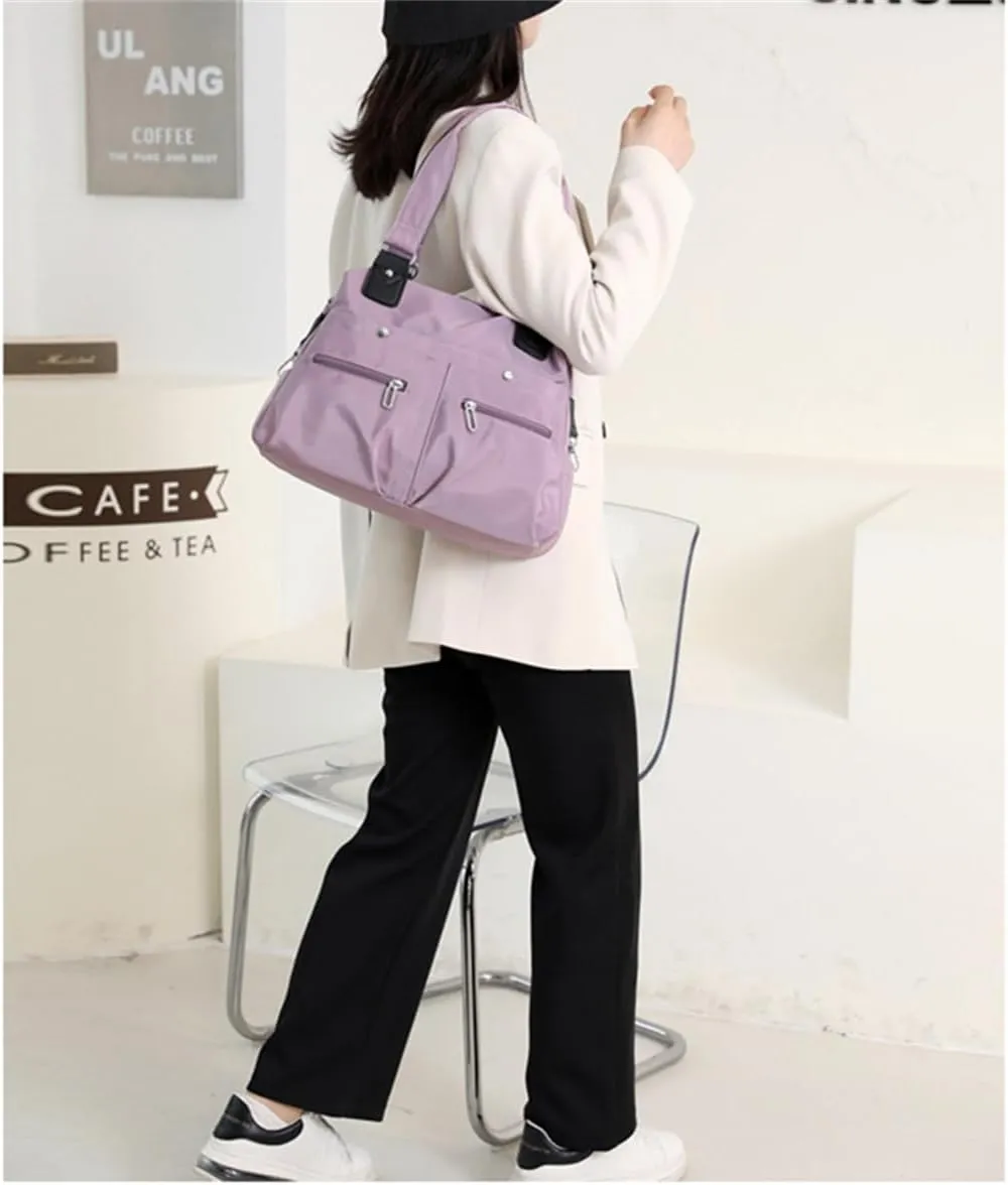 Large Capacity Waterproof Multi Pocket Shoulder Bag,Women resistant Nylon Handbag,Ladies Multi Fashion Crossbody with Zipper (37×27×13cm,black)