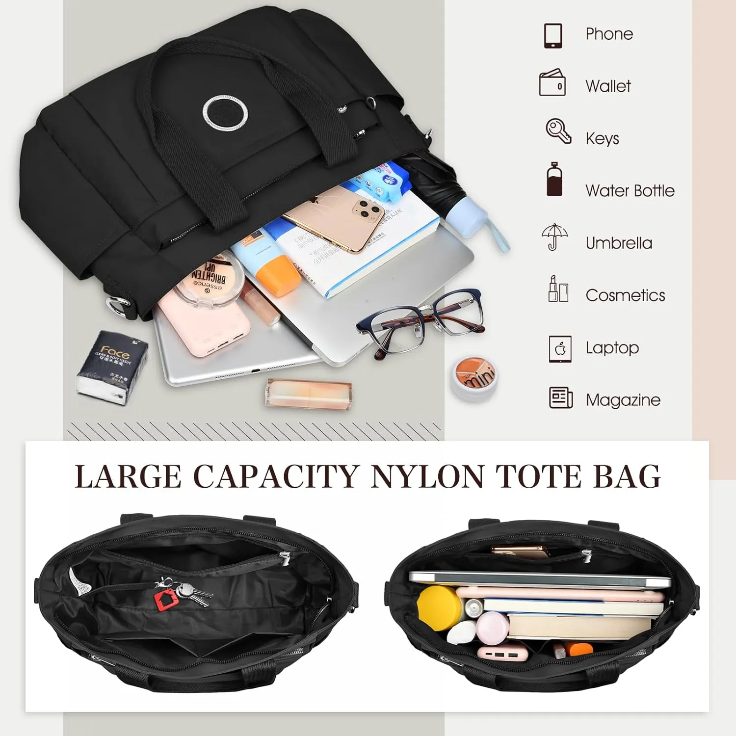 Large Tote Bag for Women, Waterproof Nylon Crossbody Tote Bag Shoulder Bag Carry On Bags for Travel Work Gym