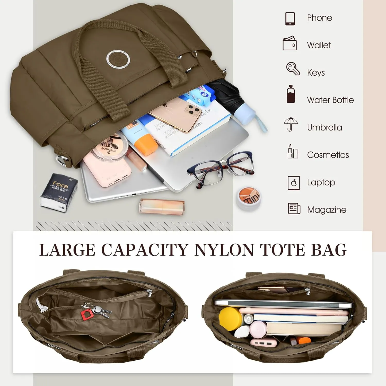 Large Tote Bag for Women, Waterproof Nylon Crossbody Tote Bag Shoulder Bag Carry On Bags for Travel Work Gym