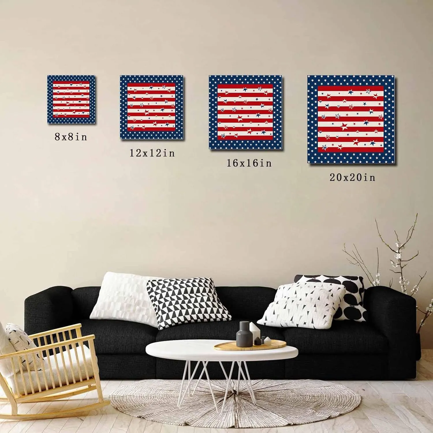 LDLYTZXK July 4th Stars Square Canvas Wall Art, Red White Striped Canvas Painting for Office Living Room Bedroom Bathroom, Modern Giclee Artwork Prints Pictures as Home Decor, 20x20inch