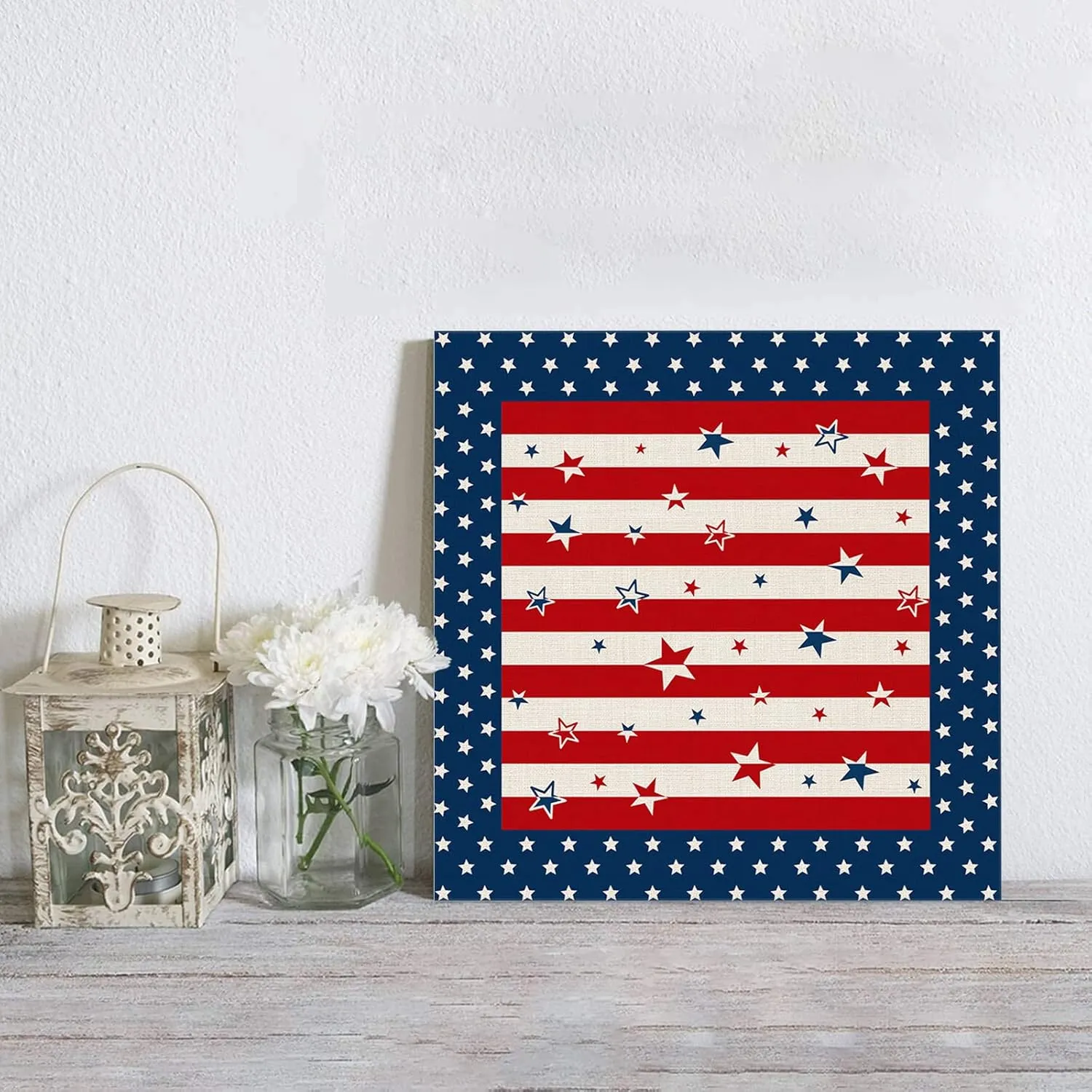 LDLYTZXK July 4th Stars Square Canvas Wall Art, Red White Striped Canvas Painting for Office Living Room Bedroom Bathroom, Modern Giclee Artwork Prints Pictures as Home Decor, 20x20inch