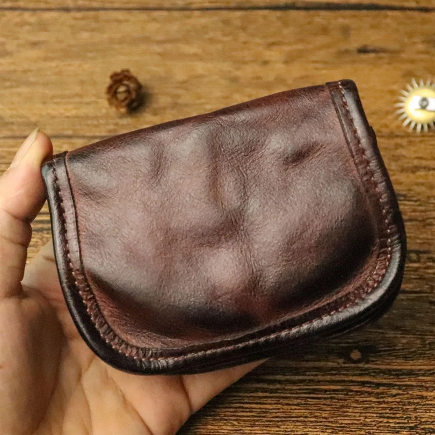 Leather Bi-Fold Coin Purse for Men - Push Button Closure, Cowhide Leather (Coffee color)