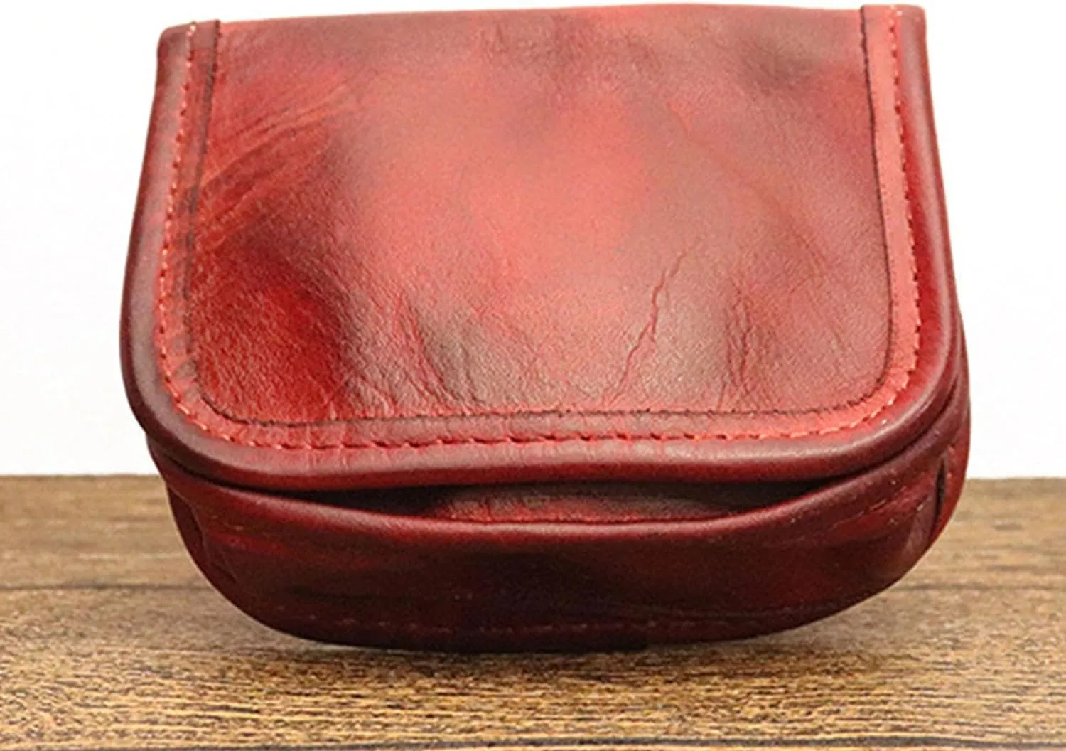 Leather Bi-Fold Coin Purse for Men - Push Button Closure, Cowhide Leather (Red)