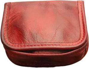 Leather Bi-Fold Coin Purse for Men - Push Button Closure, Cowhide Leather (Red)