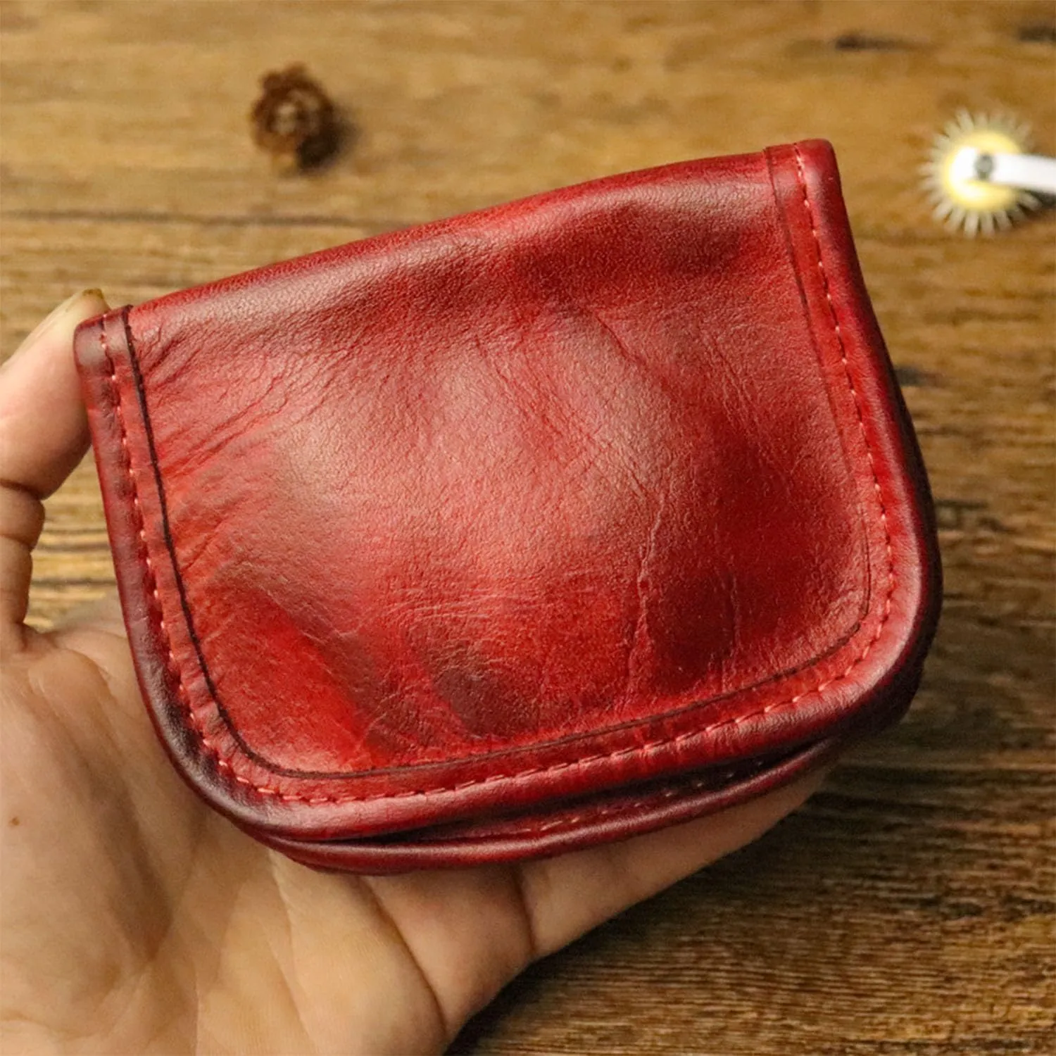 Leather Bi-Fold Coin Purse for Men - Push Button Closure, Cowhide Leather (Red)