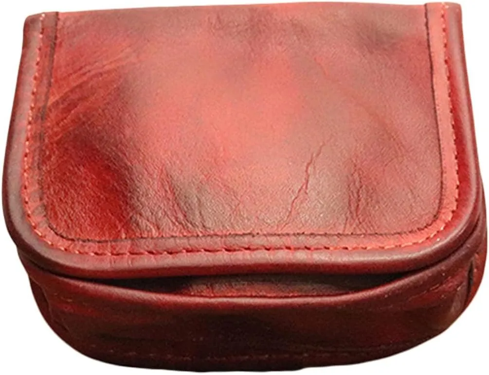 Leather Bi-Fold Coin Purse for Men - Push Button Closure, Cowhide Leather (Red)