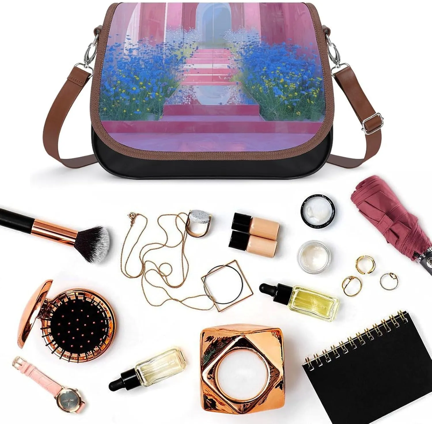 Leather Crossbody Bag for Women Green Branches Detachable Strap Handbags Travel Purse Shoulder Bag for Daily Use