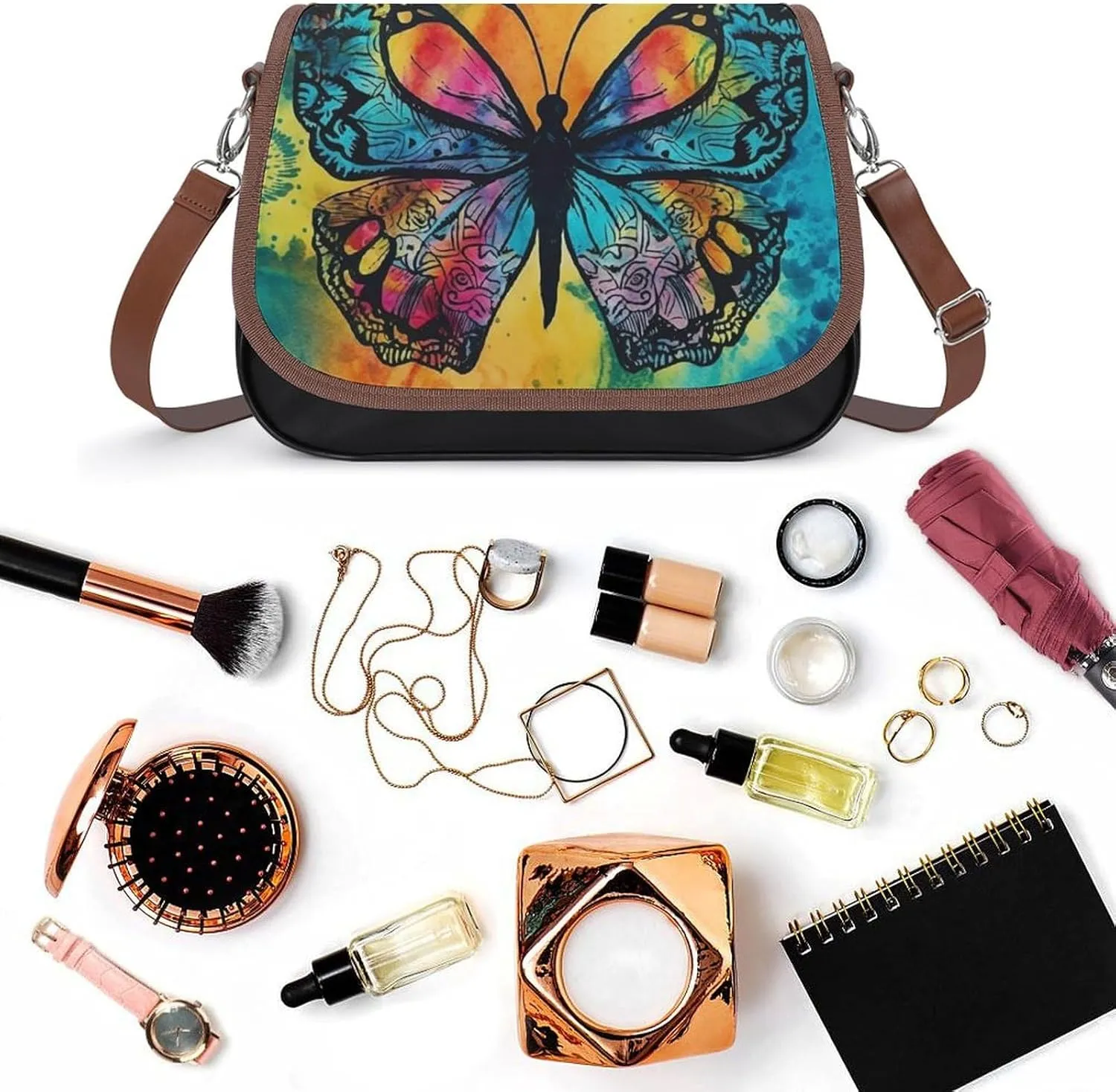 Leather Crossbody Bag for Women Navy Blue Flower Detachable Strap Handbags Travel Purse Shoulder Bag for Daily Use