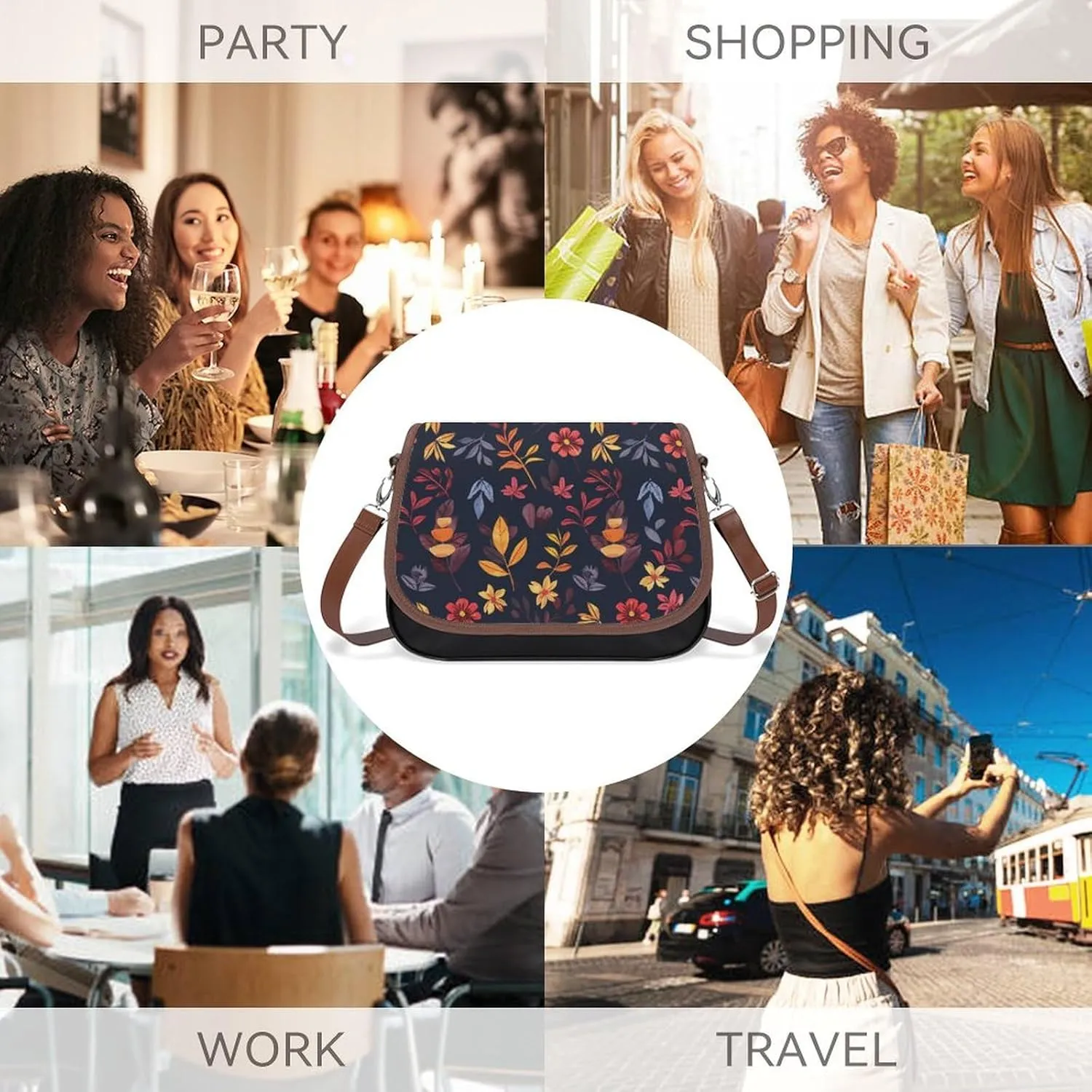 Leather Crossbody Bag for Women Sandwich Repeating Pattern Detachable Strap Handbags Travel Purse Shoulder Bag for Daily Use