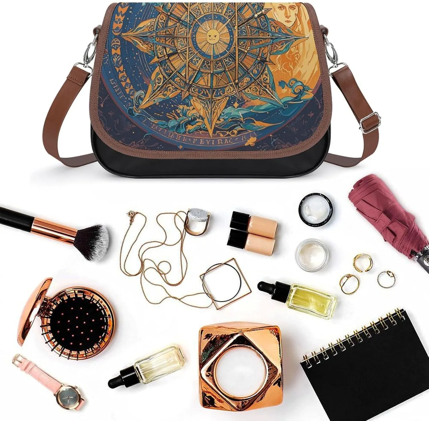 Leather Crossbody Bag for Women Tie-dye Blue Detachable Strap Handbags Travel Purse Shoulder Bag for Daily Use