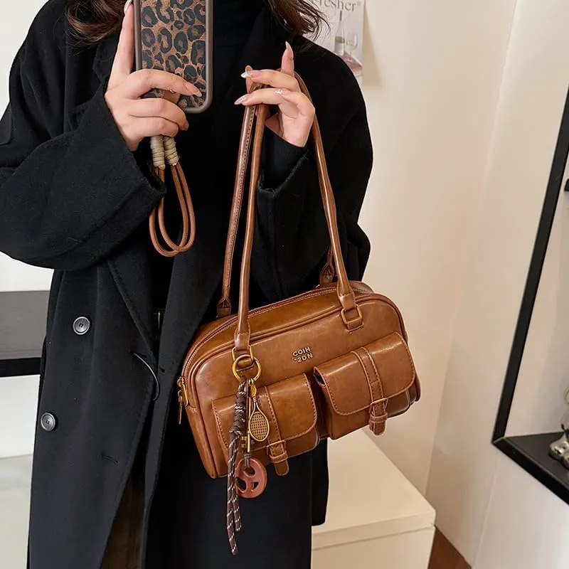 Leather Shoulder Bag Vintage Bag Y2k Purse Retro Women's Top-handle Handbags Multi Pocket Satchel Purse Trendy Underarm