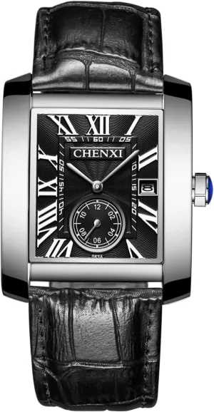 Leather Square Tank Watch: Men Black Rectangular Face Waterproof Vintage 1950s Analog Watches Classic Roman Numeral Calendar Wrist Watch