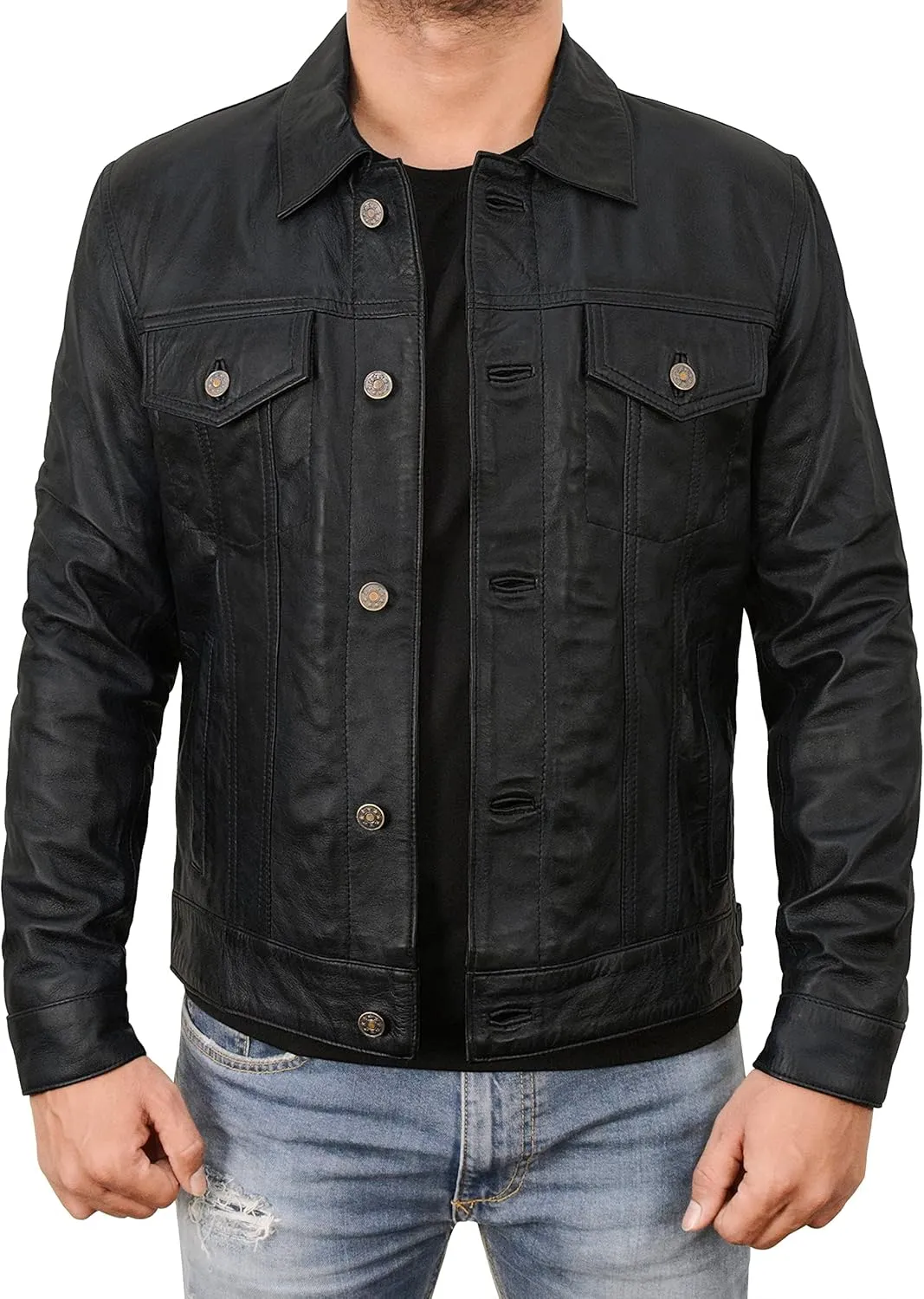 Leather Trucker Jacket Men - Real Lambskin Shirt Style Vintage Fashion Mens Leather Jacket
