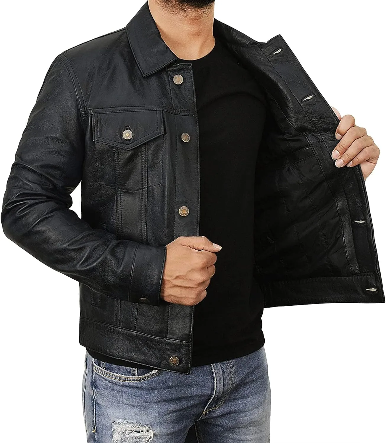 Leather Trucker Jacket Men - Real Lambskin Shirt Style Vintage Fashion Mens Leather Jacket