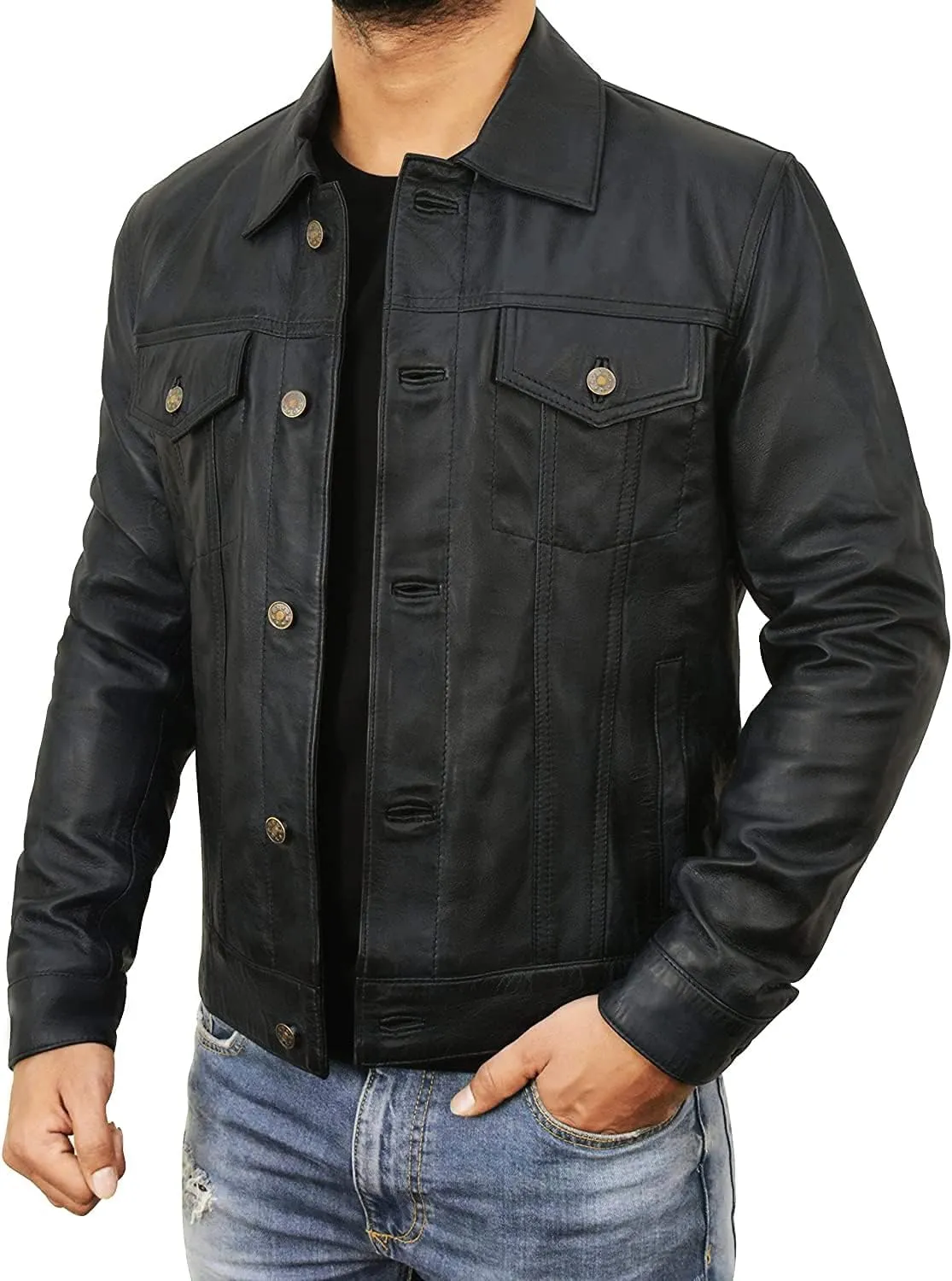 Leather Trucker Jacket Men - Real Lambskin Shirt Style Vintage Fashion Mens Leather Jacket