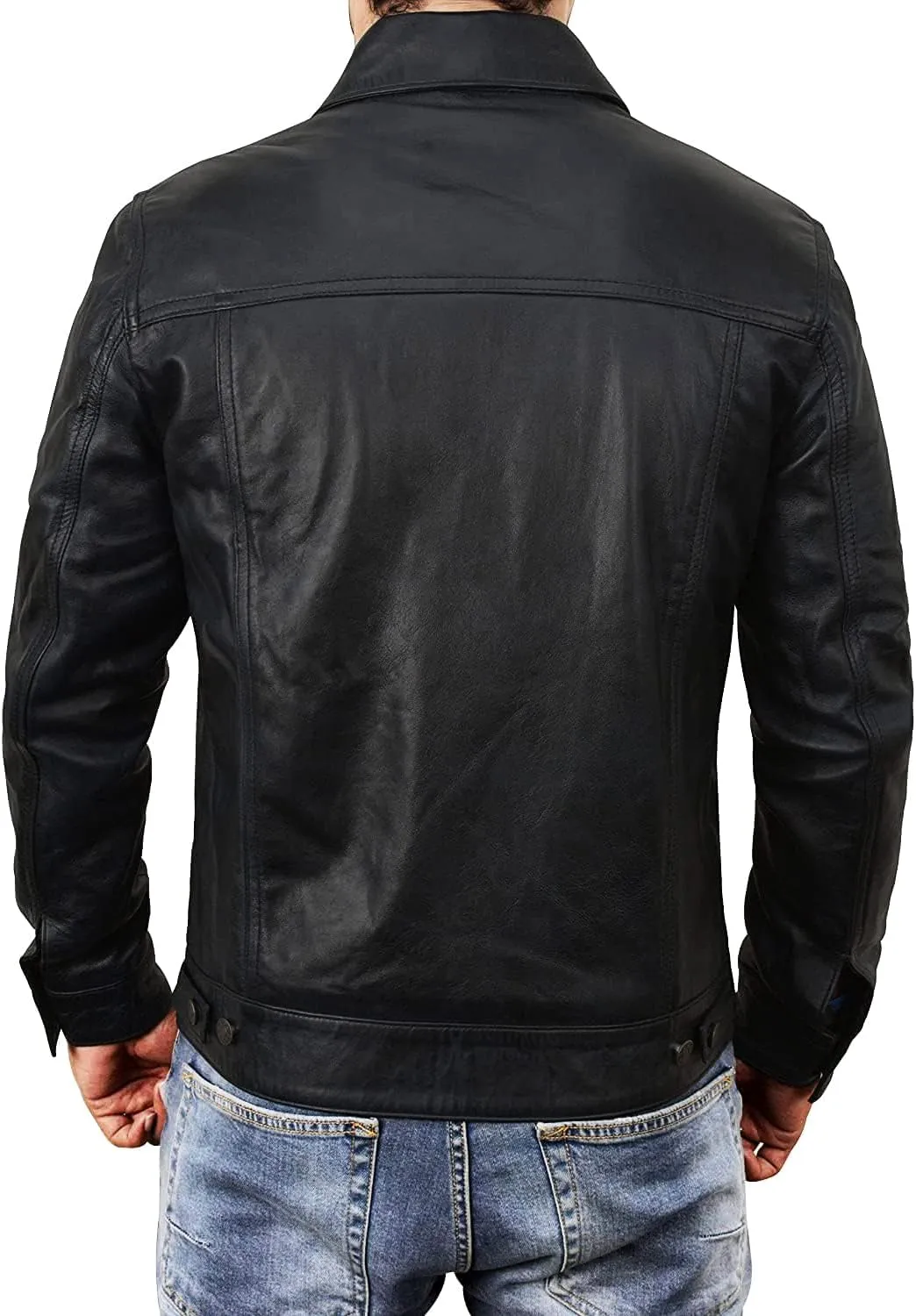 Leather Trucker Jacket Men - Real Lambskin Shirt Style Vintage Fashion Mens Leather Jacket