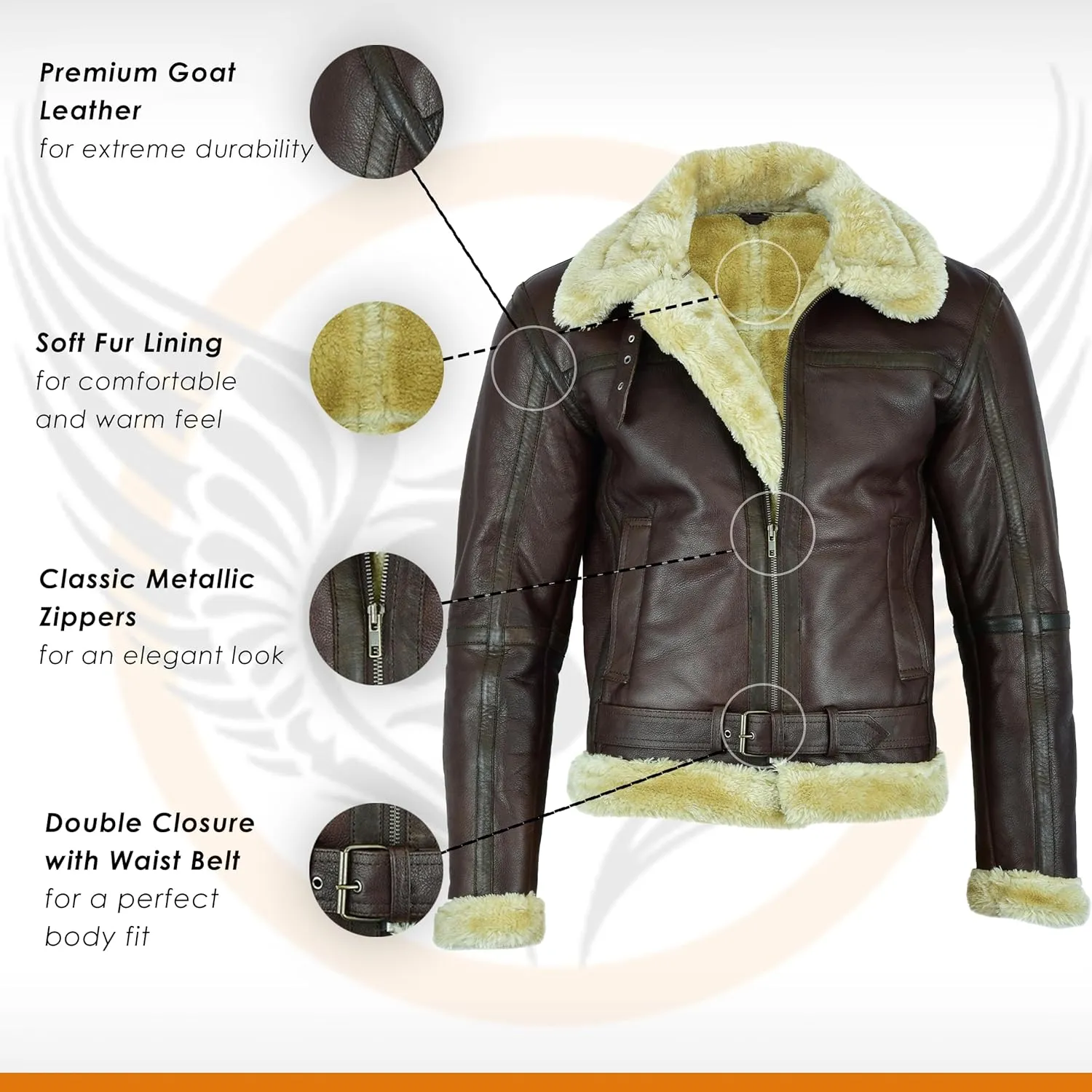 Leatherick Men Brown Aviator Real Goat Skin Leather Shearling Style Vintage Bomber Flying Jacket