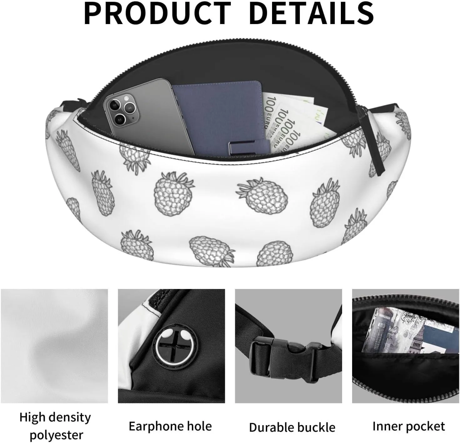 Leisure Sports Crossbody Bag Running Casual Hands-Free Wallets Waist Pack for Man Woman Father's Day for Dad Black White Raspberry