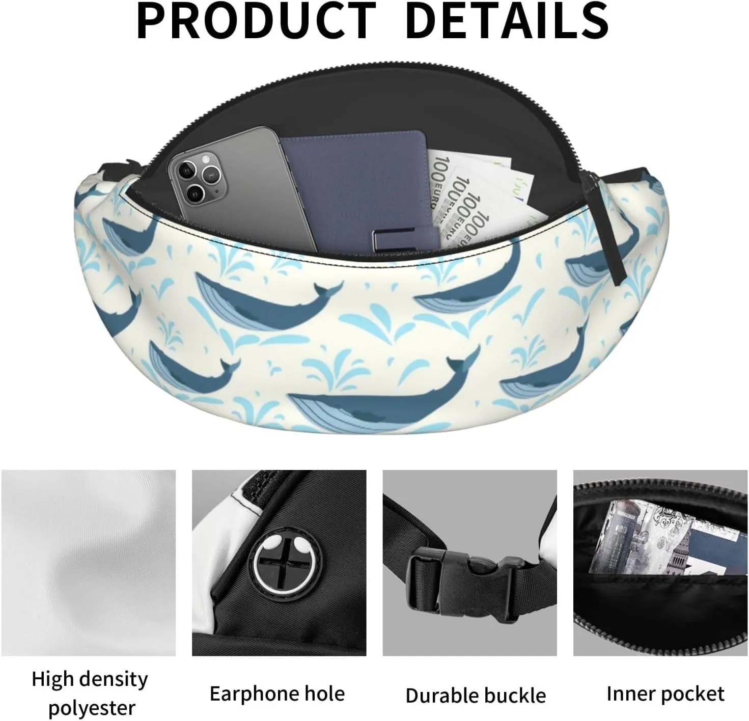 Leisure Sports Crossbody Bag Running Casual Hands-Free Wallets Waist Pack for Man Woman Father's Day for Dad Water Whale