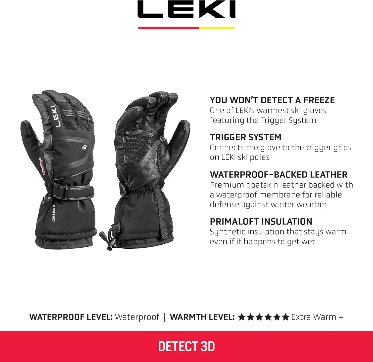 LEKI Detect 3D Primaloft Insulated Waterproof Gloves for Skiing, Snowboarding, & Cold Weather