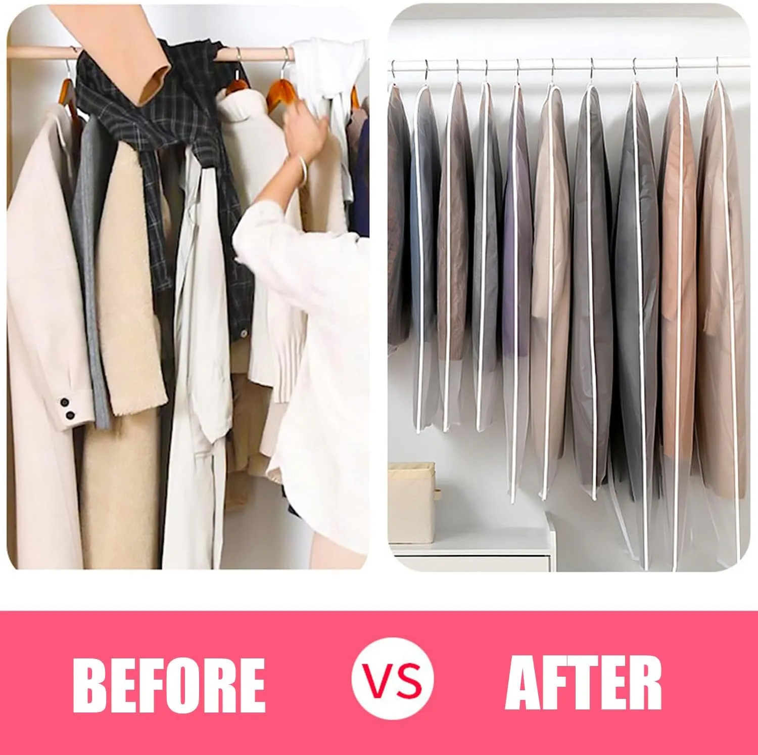 LeLehome 5 Pieces Garment Bags Suits Covers Clothes Organizer, 24 Inch X 47 Inch Clear Washable Travel Dustproof Dress Protector Storage Bags See-Through White