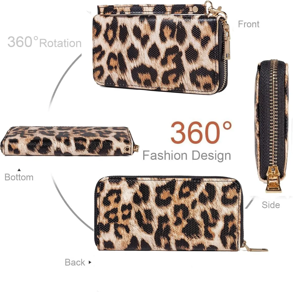 Leopard Print Wallet For Women Cheetah Wristlet Purse Zip Around Card Holder