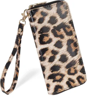 Leopard Print Wallet For Women Cheetah Wristlet Purse Zip Around Card Holder