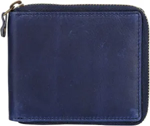 Liberty Leather - Blue Bi-Fold Round Zipper Wallet with RFID Blocking Technology | Slim and Sleek Cow Hide Leather Multi Slot Wallet for Men and Boys