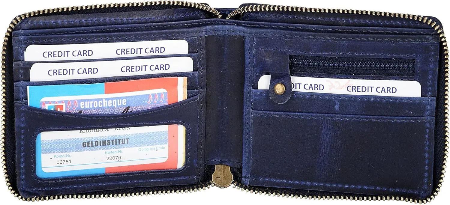 Liberty Leather - Blue Bi-Fold Round Zipper Wallet with RFID Blocking Technology | Slim and Sleek Cow Hide Leather Multi Slot Wallet for Men and Boys