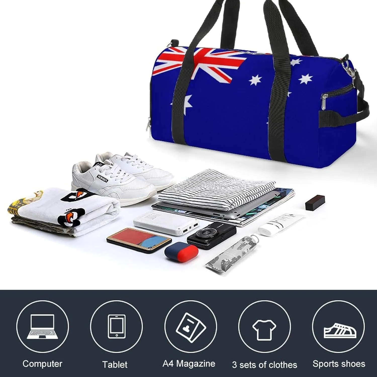 Lightweight Australia Flag Duffel Bag for Women Men with Shoe Compartment and Wet Pocket