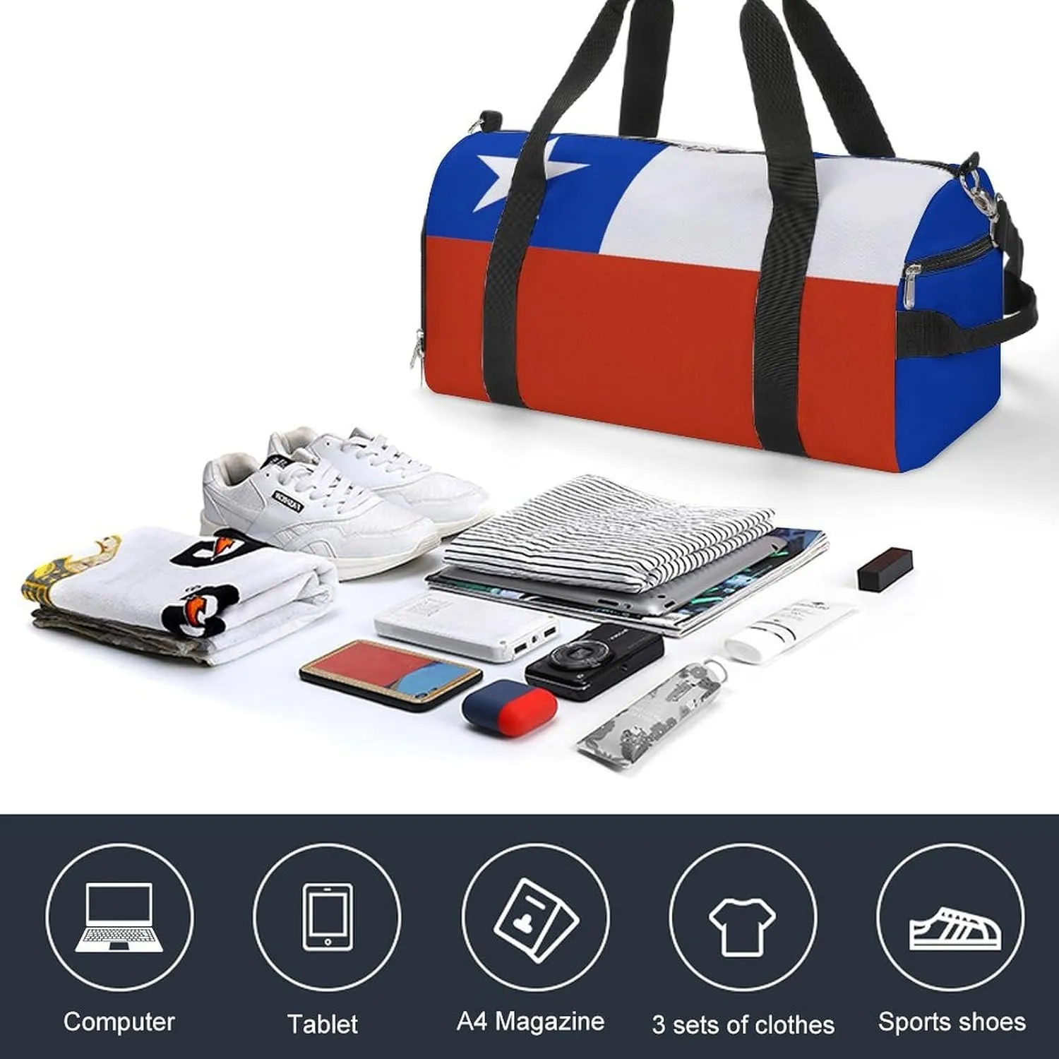Lightweight Chile Flag Duffel Bag for Women Men with Shoe Compartment and Wet Pocket