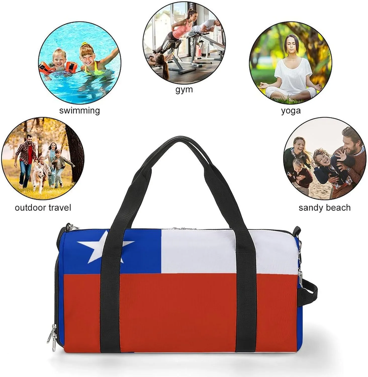 Lightweight Chile Flag Duffel Bag for Women Men with Shoe Compartment and Wet Pocket